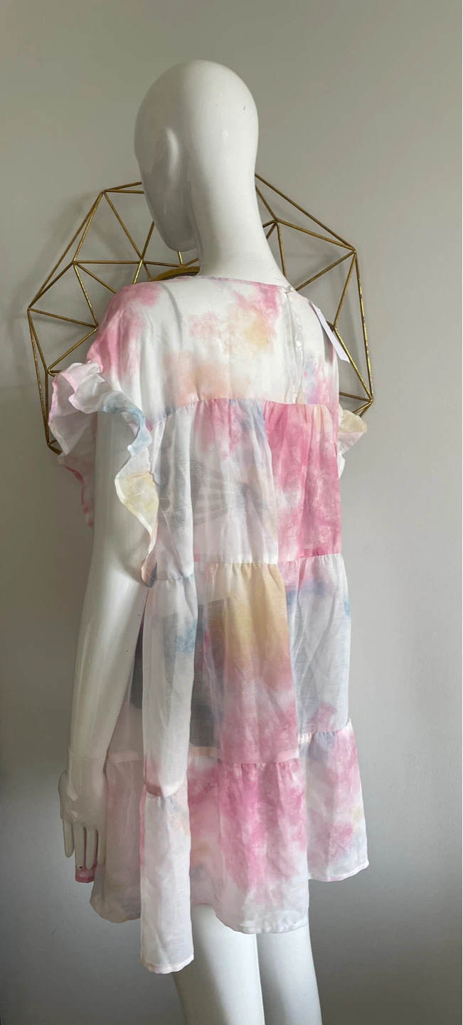 Tiered Tie-Dye Mini Dress with Ruffle Sleeves - photo 3