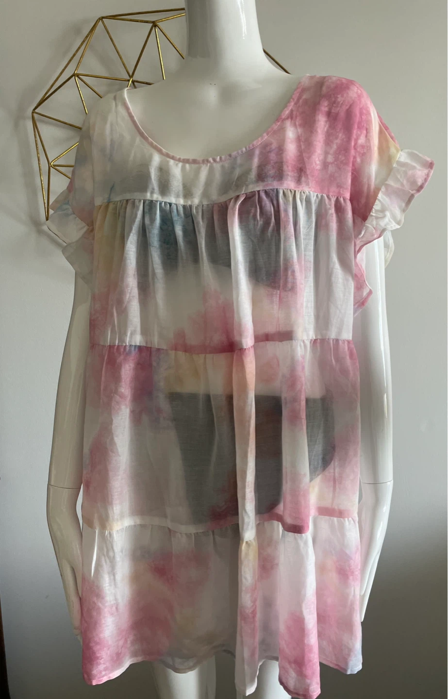 Tiered Tie-Dye Mini Dress with Ruffle Sleeves - photo 4