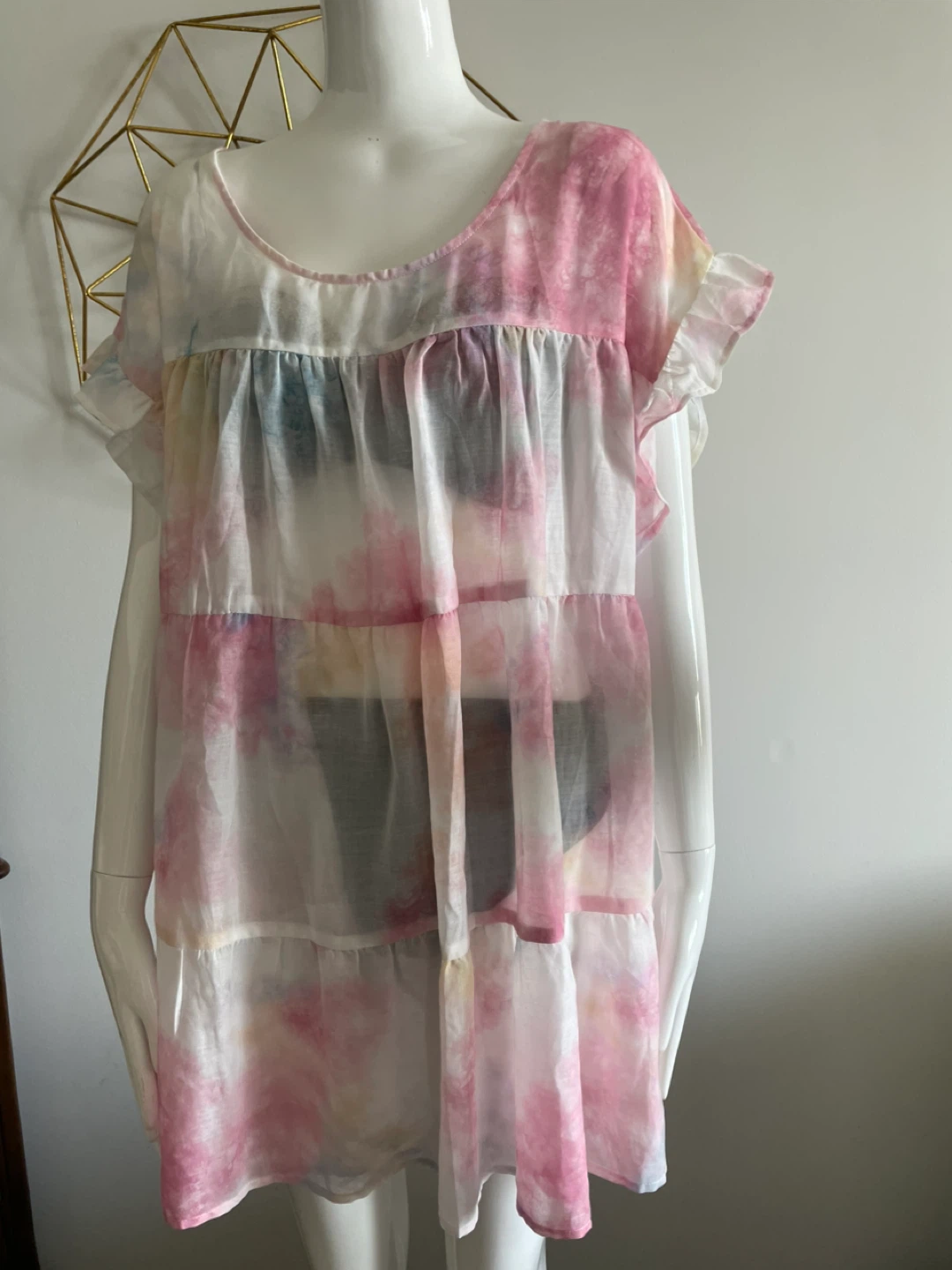 Tiered Tie-Dye Mini Dress with Ruffle Sleeves - photo 5