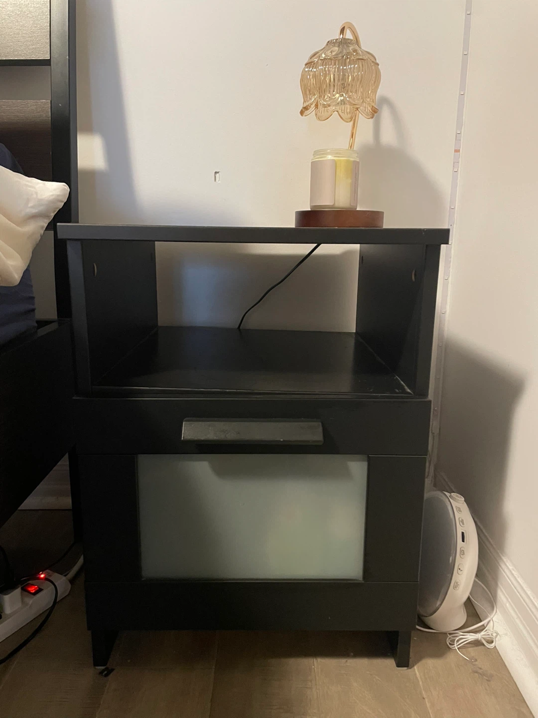 Black Nightstand with Drawer and Shelf