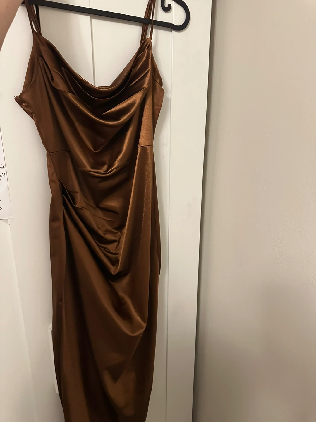 Brown Satin Ruched Slip Dress