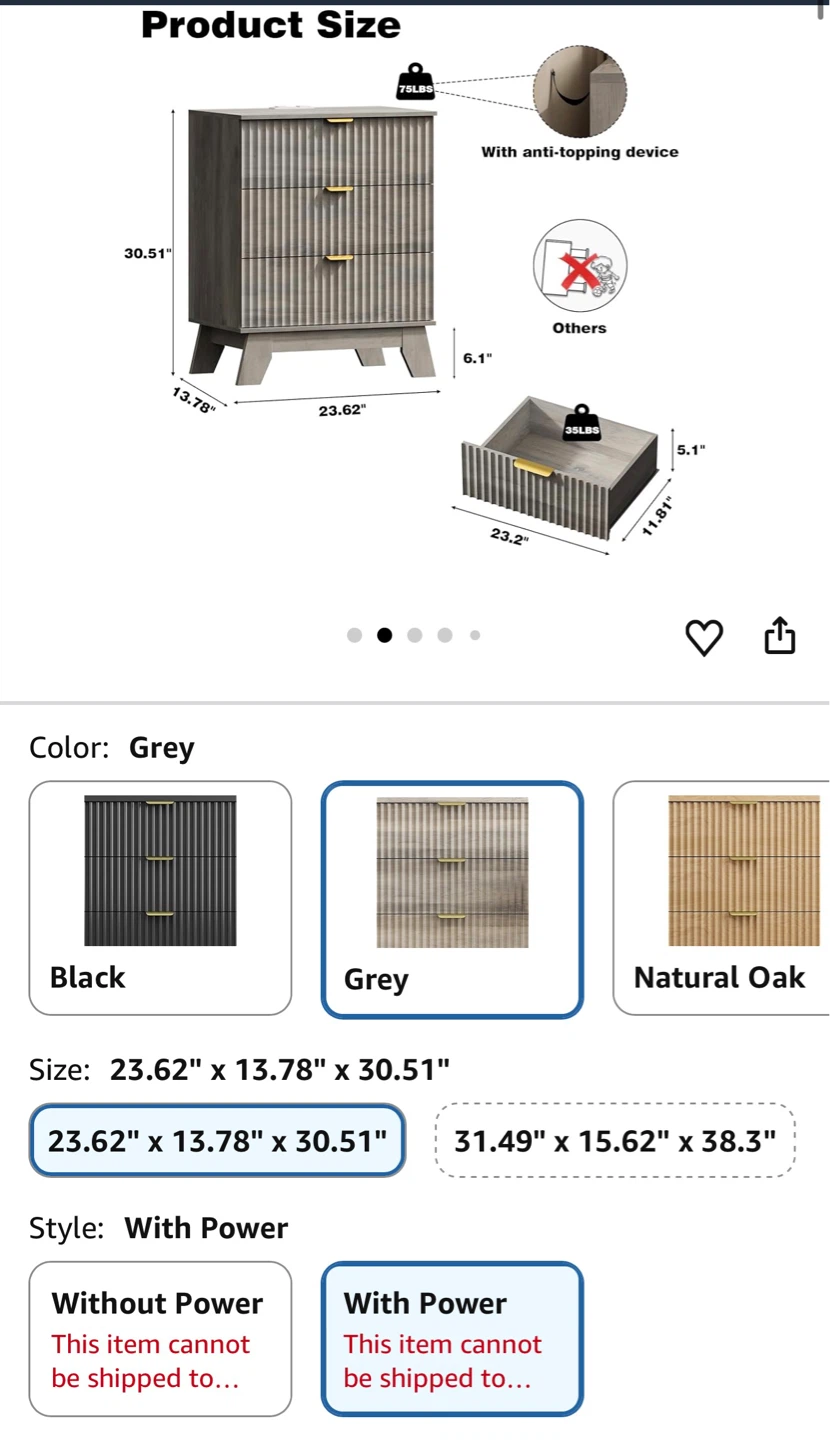 Oak Grey 3-Drawer Nightstand with Power Outlet - photo 5
