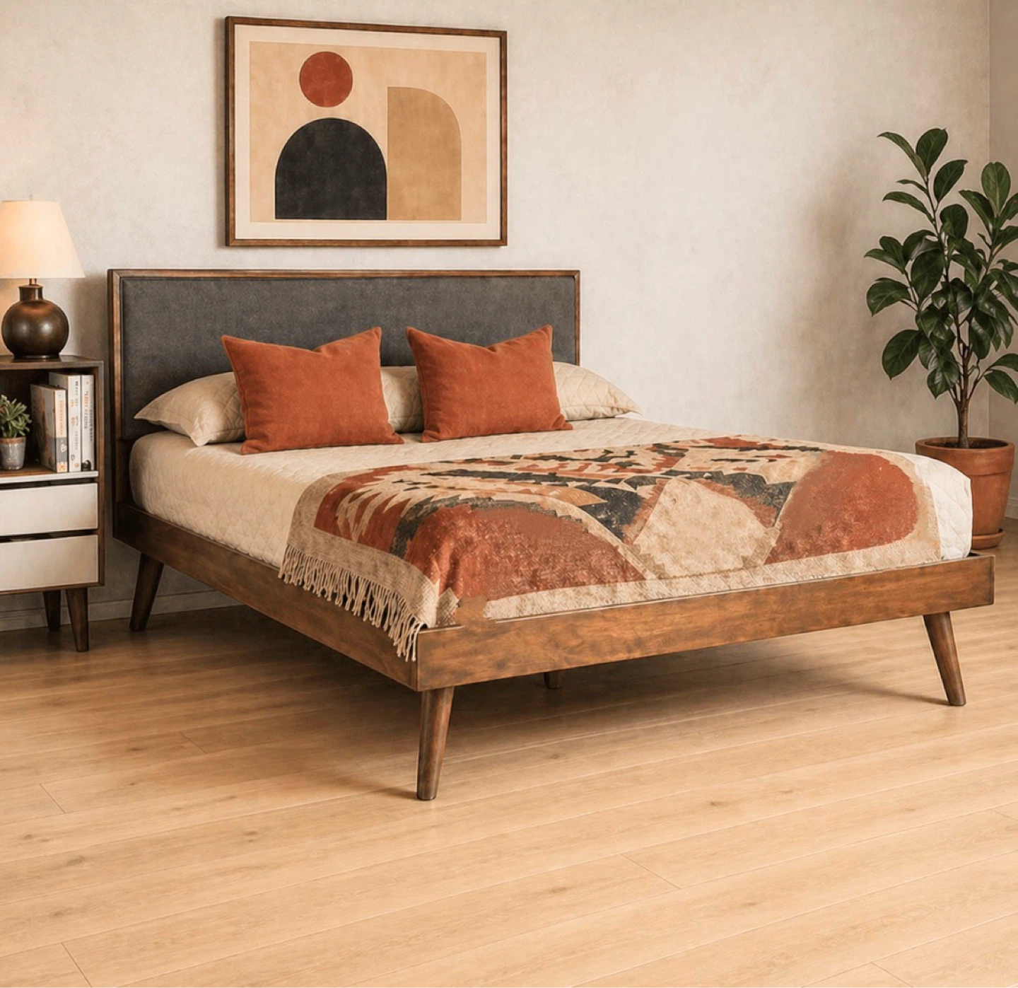 New Queen Size Mid Century Modern Solid Wood Platform Bed
