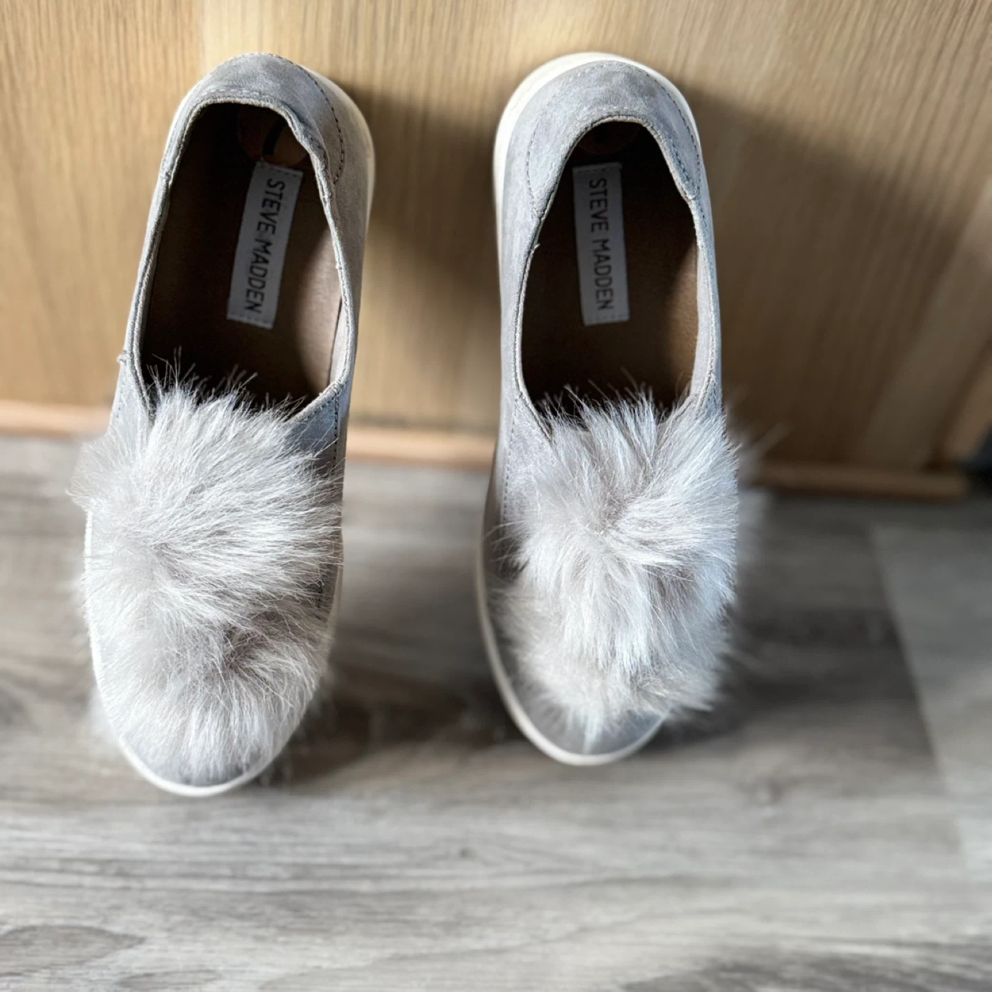 Steve Madden Grey Slip-On Sneakers with Fur Pompoms