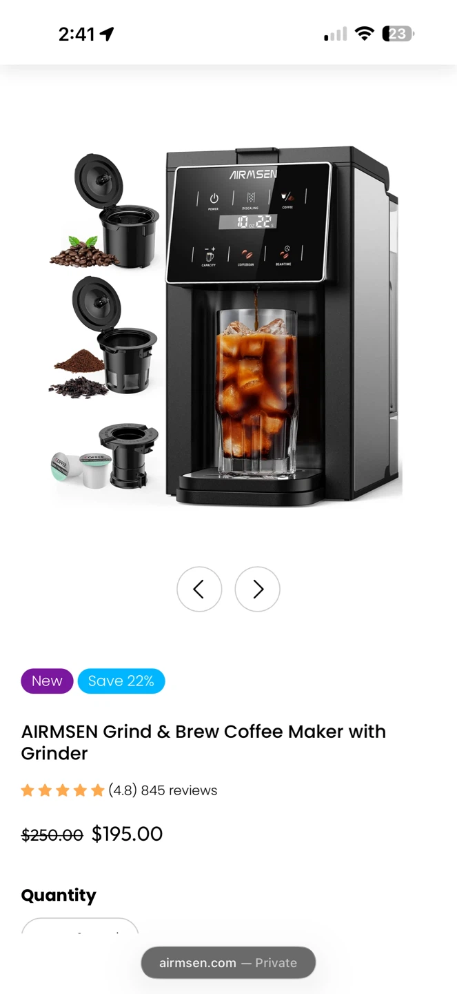 AIRMSEN Grind & Brew Coffee Maker with Grinder