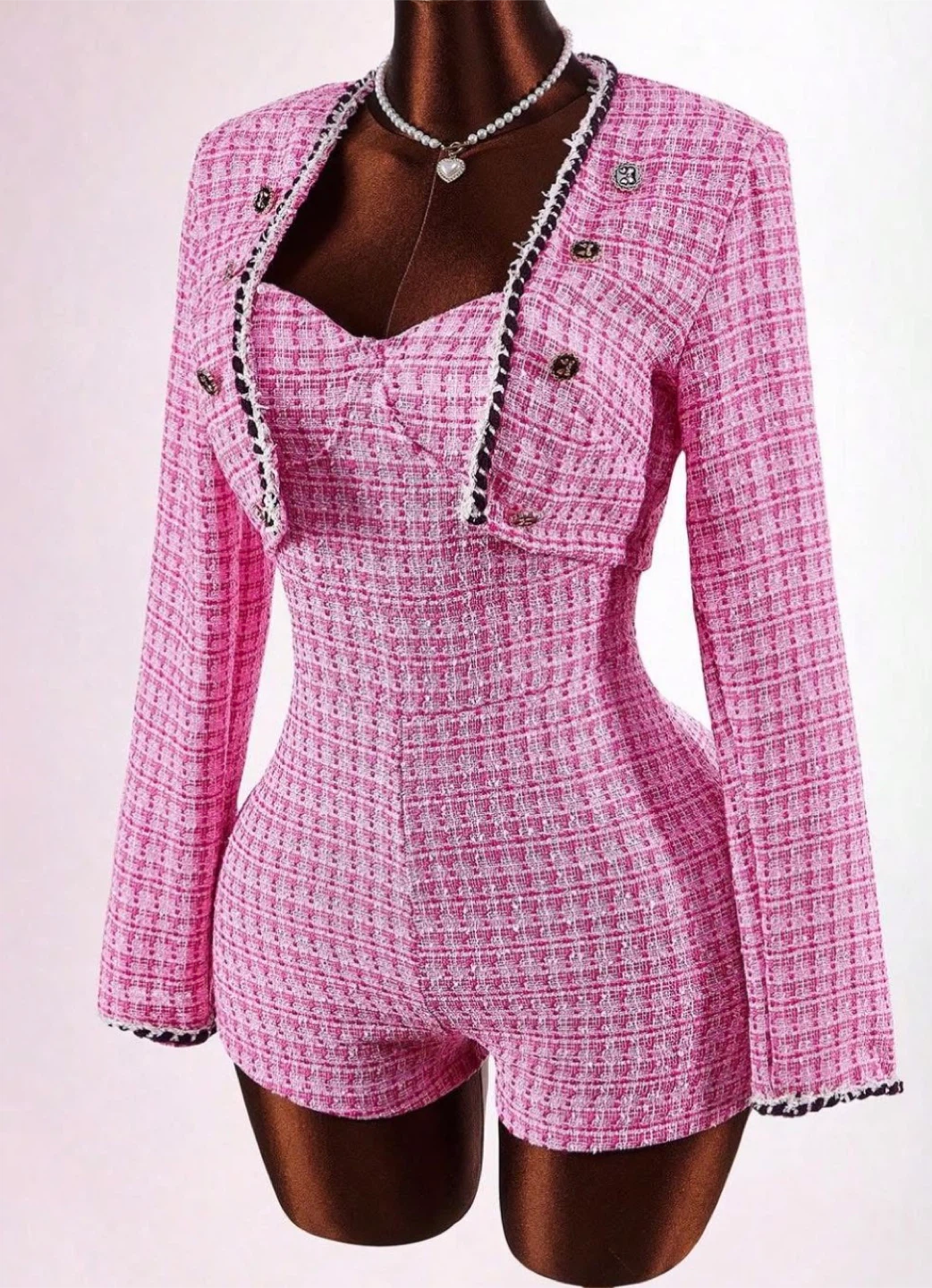 Pink Tweed Crop Jacket and Romper Set