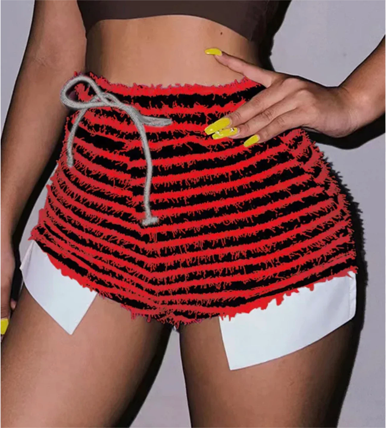 Black and Red Striped Fuzzy Shorts set