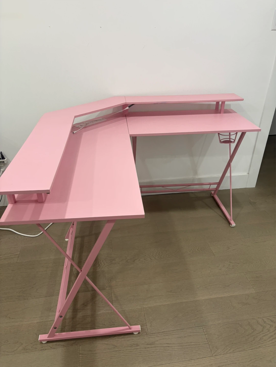Pink L-Shaped Gaming Desk with Built-in Power Strip