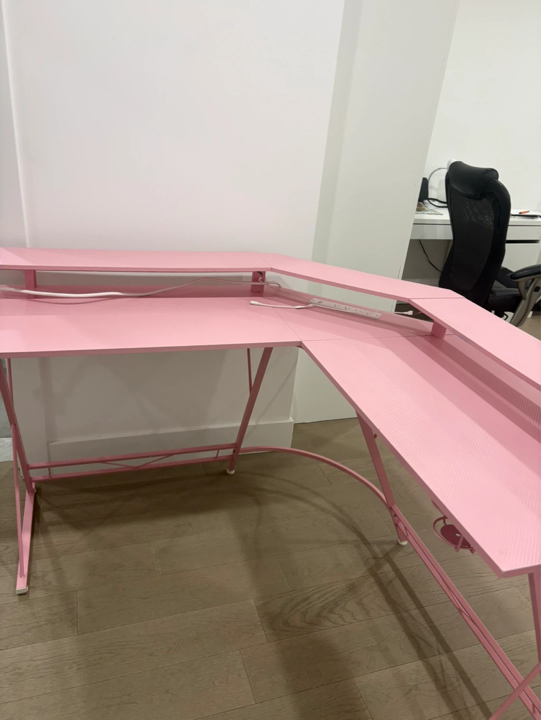 Pink L-Shaped Gaming Desk with Built-in Power Strip - photo 2