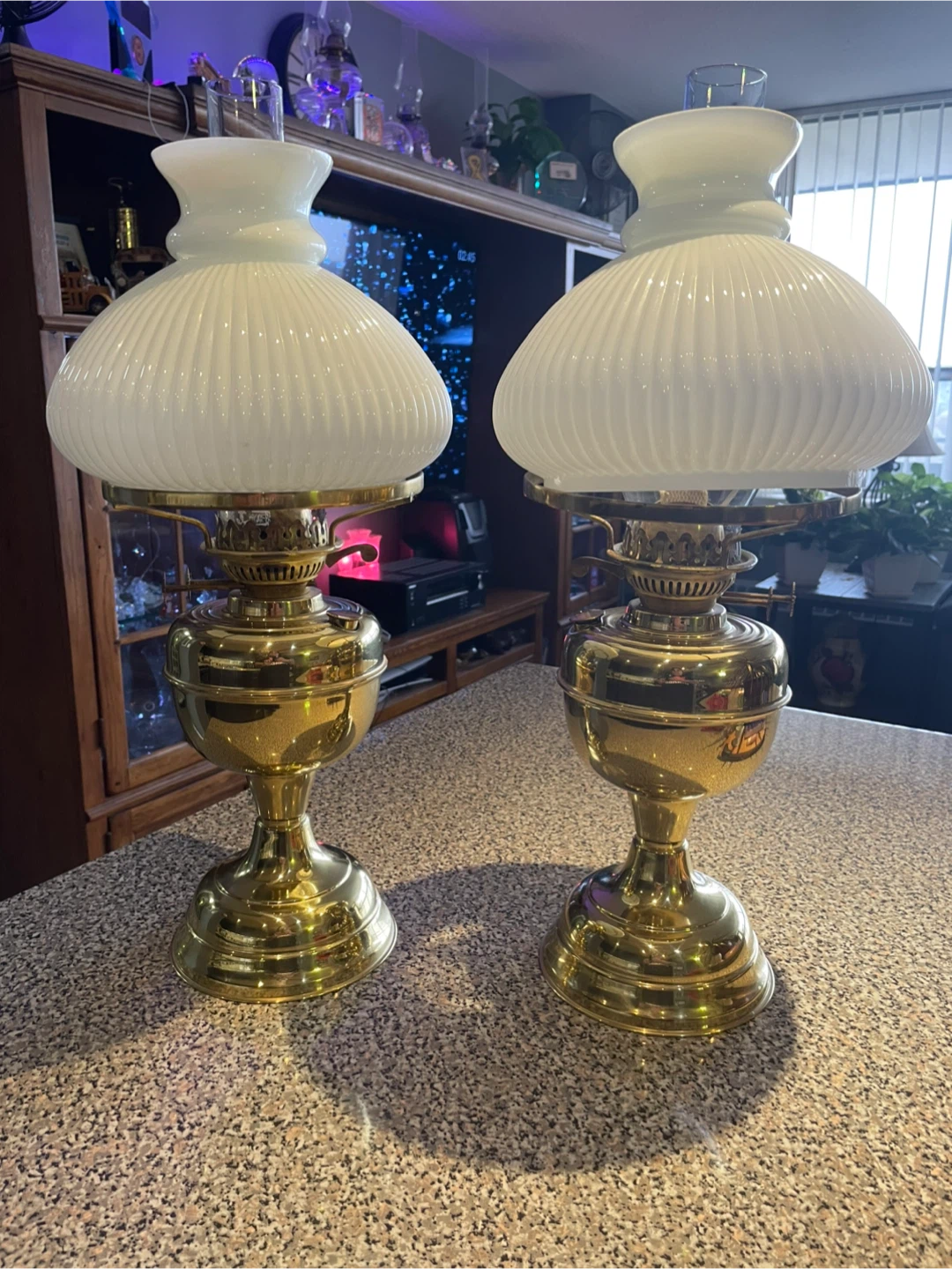 Pair of Vintage  Brass Oil Lamps with White Glass Shades