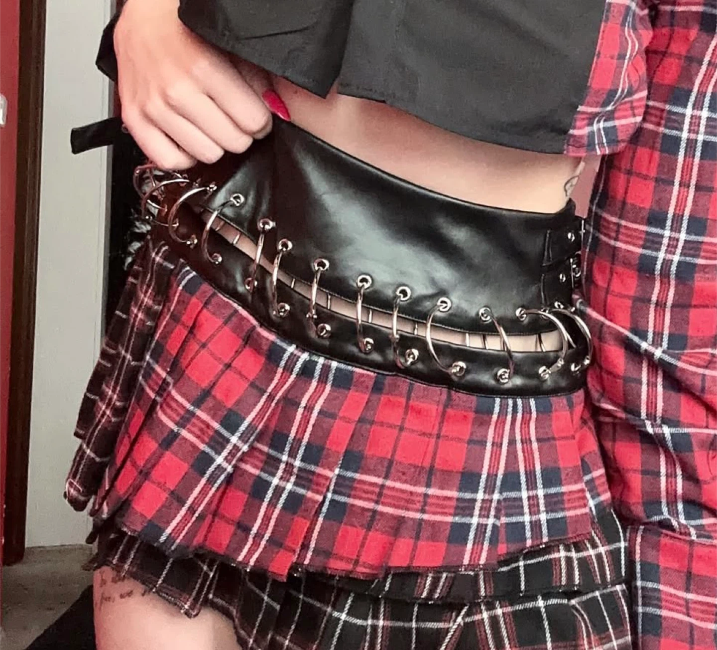 Black and Red Plaid Skirt with Faux Leather Waistband