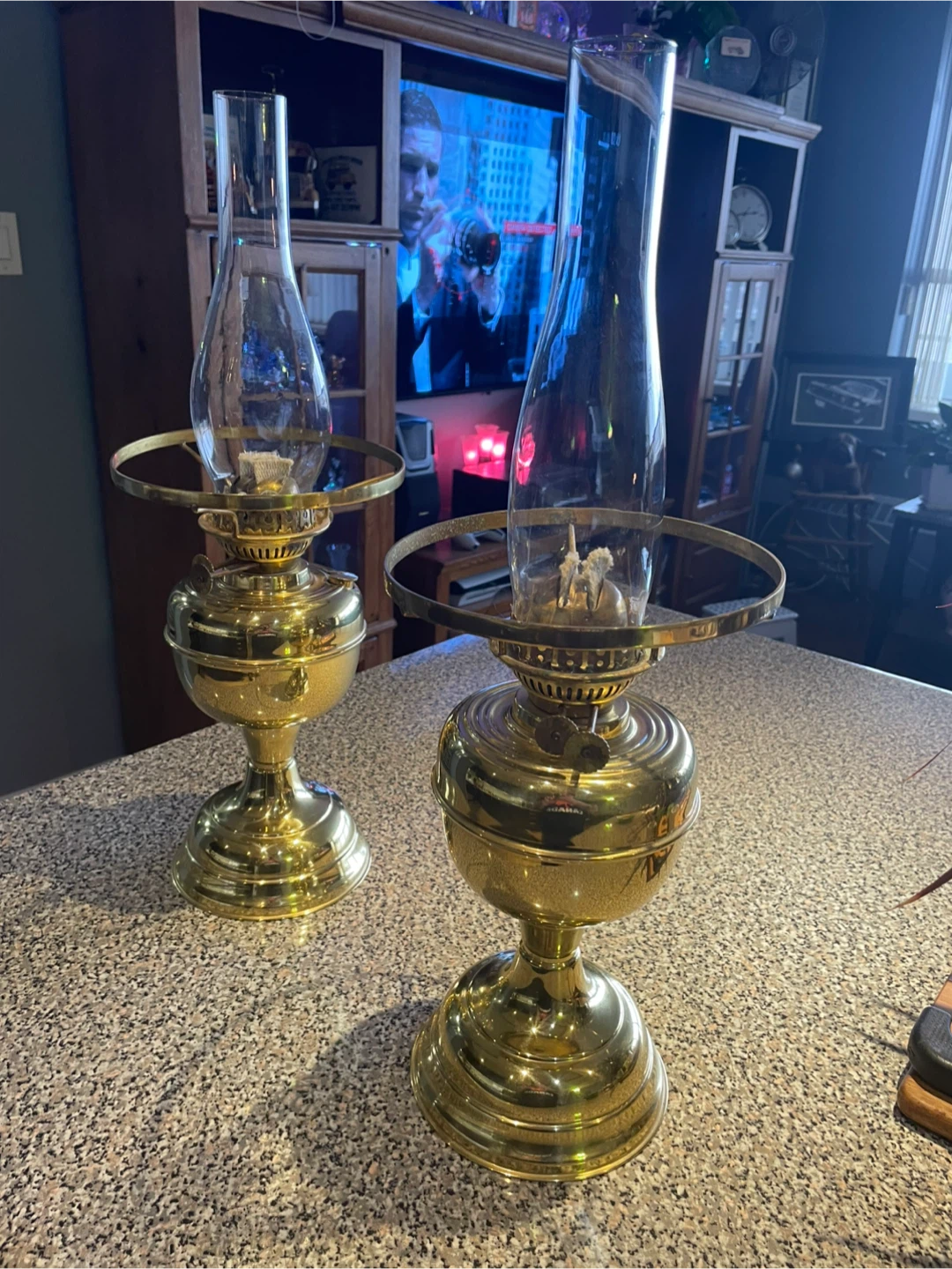 Pair of Vintage  Brass Oil Lamps with White Glass Shades - photo 2