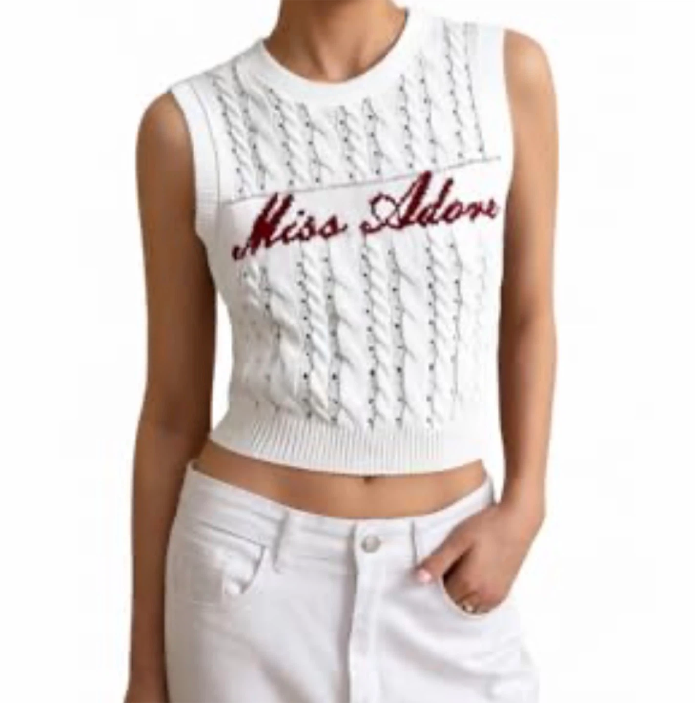 SHEIN MOD White Cable Knit Sweater Vest "Miss Adore" Size M
