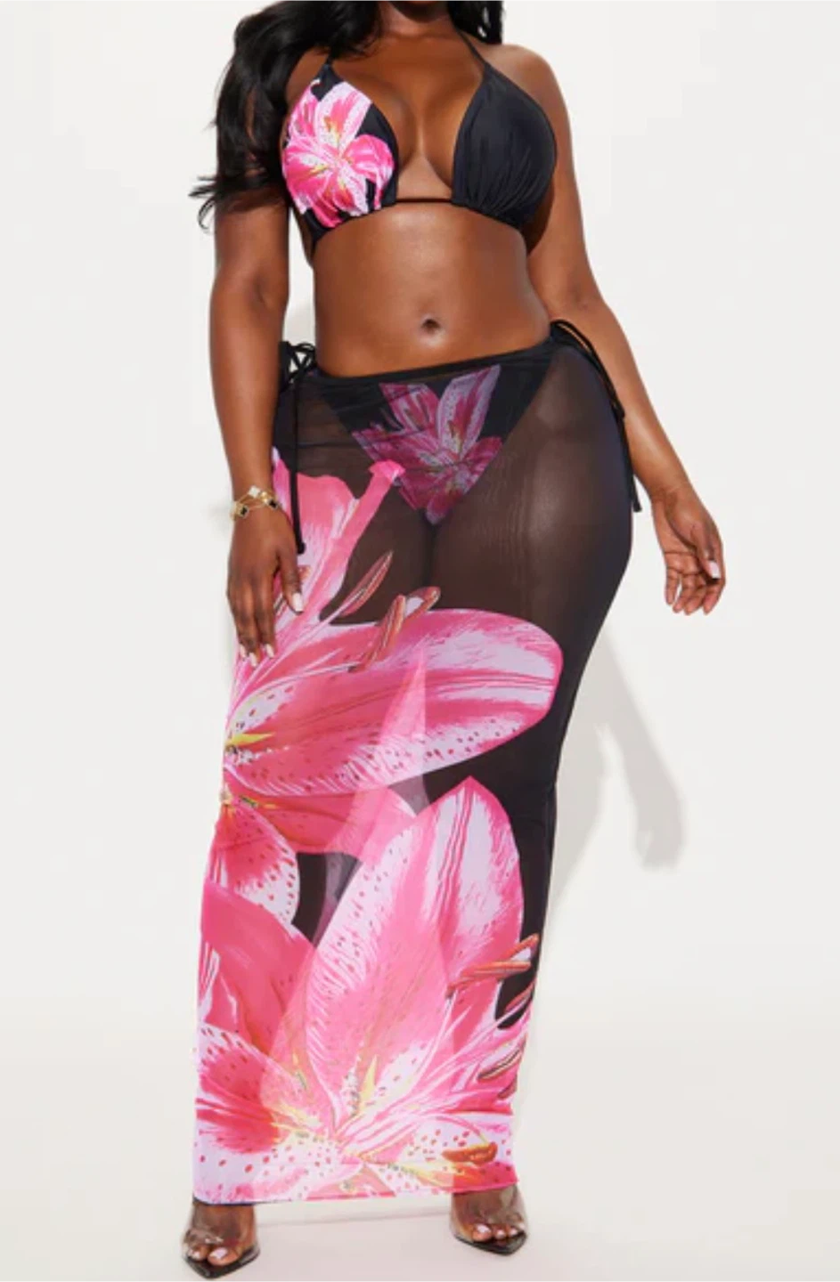 SHEIN Black Floral Bikini & Sarong Set - Size Medium