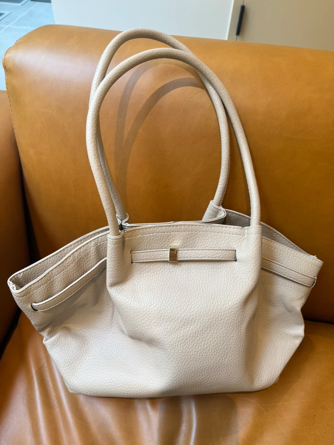 Cream Beige Faux Leather Tote Bag