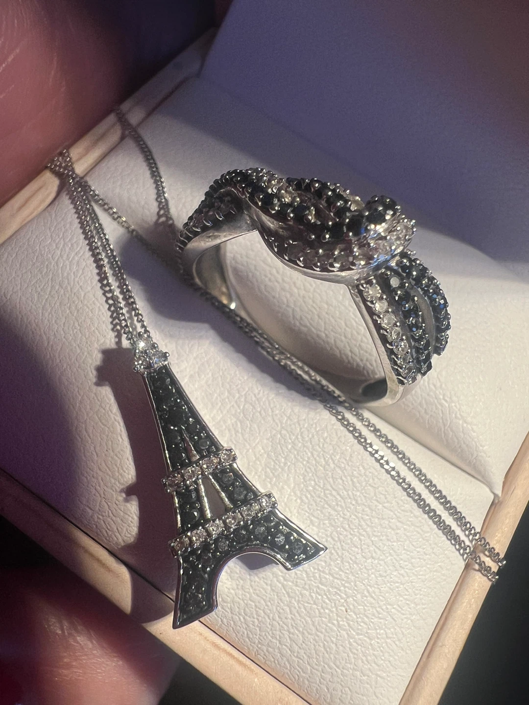 10 k Eiffel Tower Necklace with diamonds and Twist Ring Set