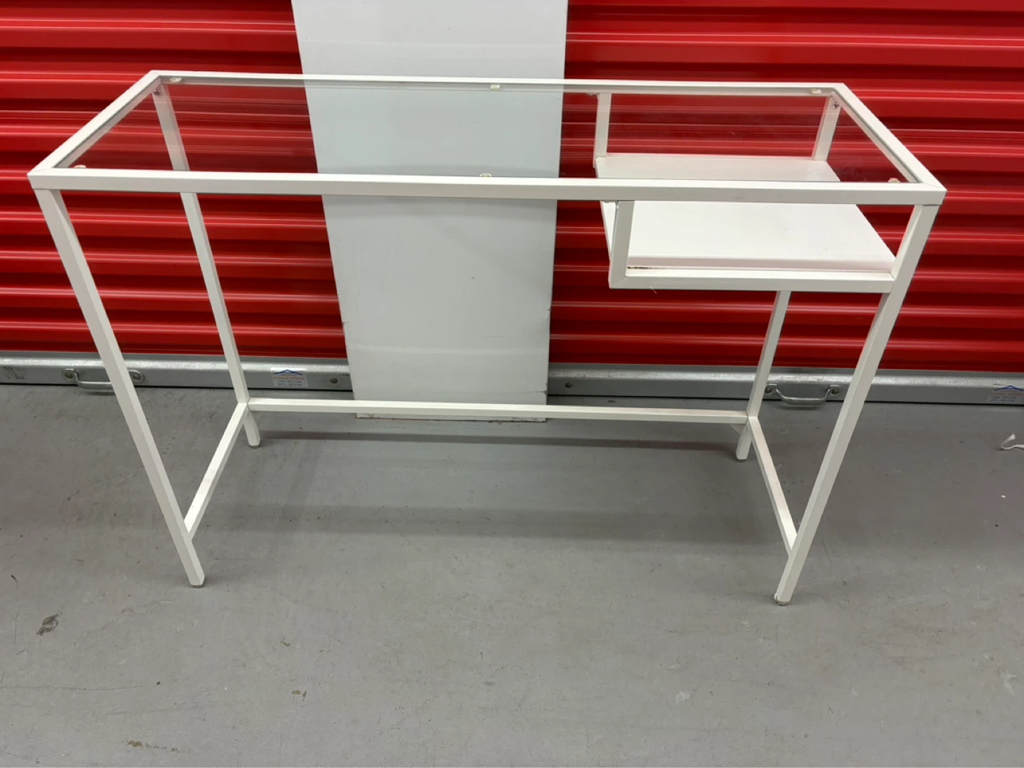 White Metal Frame Glass Top Desk with Shelf