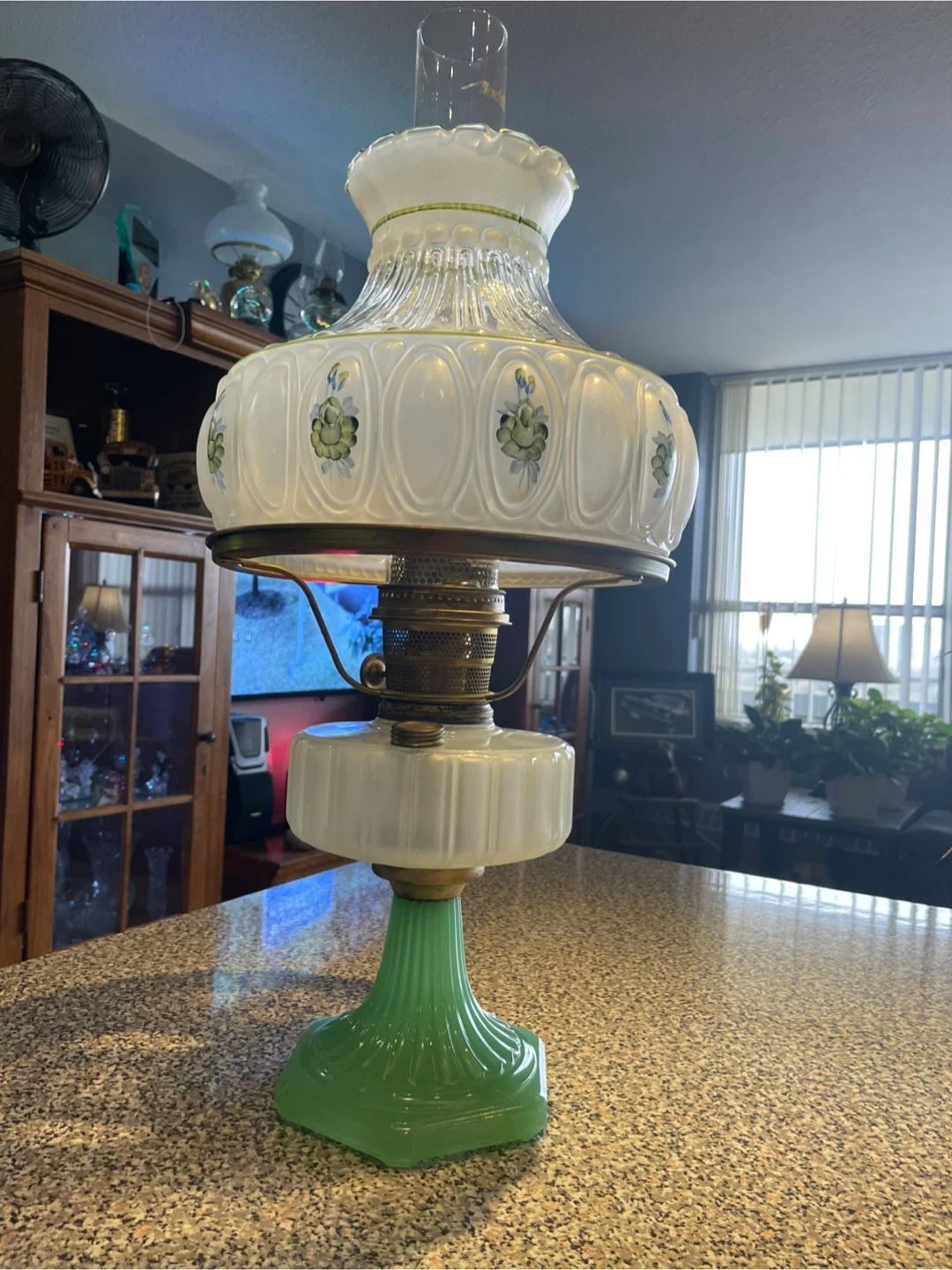 Aladdin Table Lamp with Green Base and White Shade