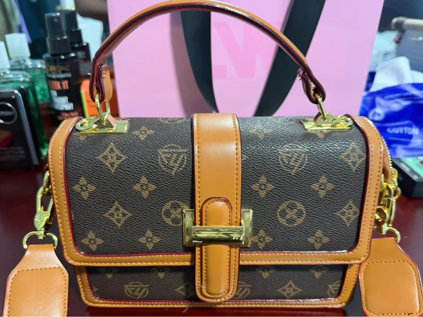 Brown Monogram Crossbody Bag with Handle