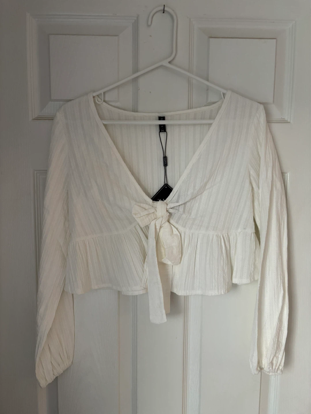 Zaful White Tie-Front Peplum Blouse - Size S
