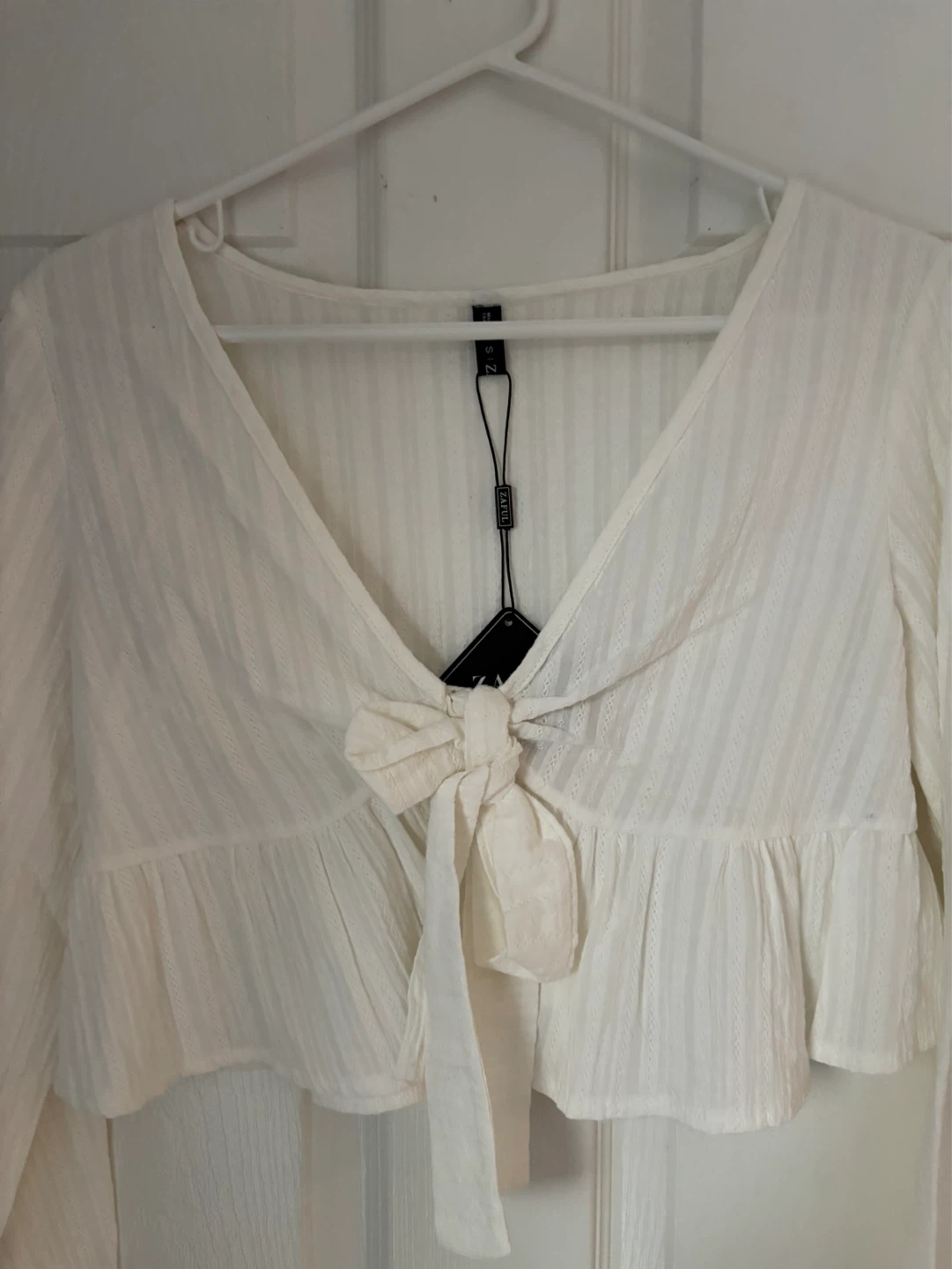 Zaful White Tie-Front Peplum Blouse - Size S - photo 2