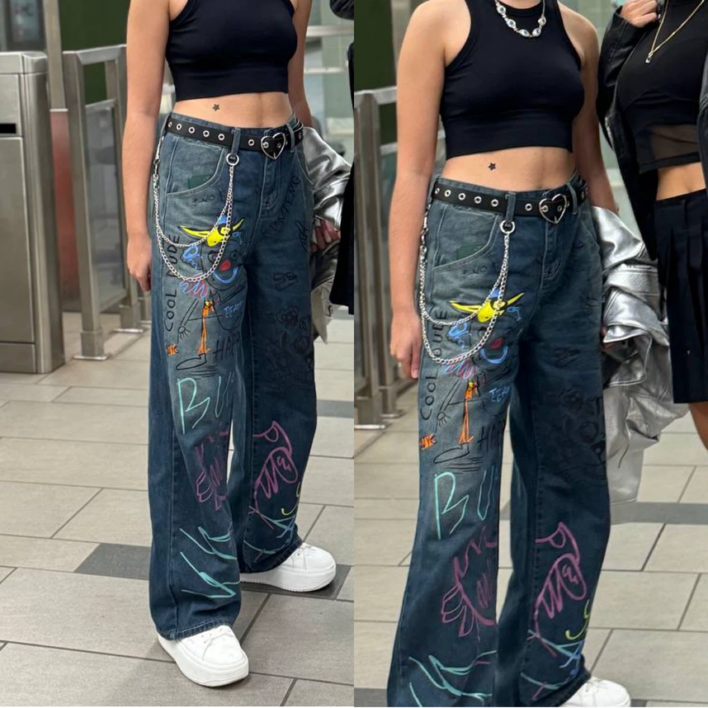 Wide Leg Jeans with Graffiti Print