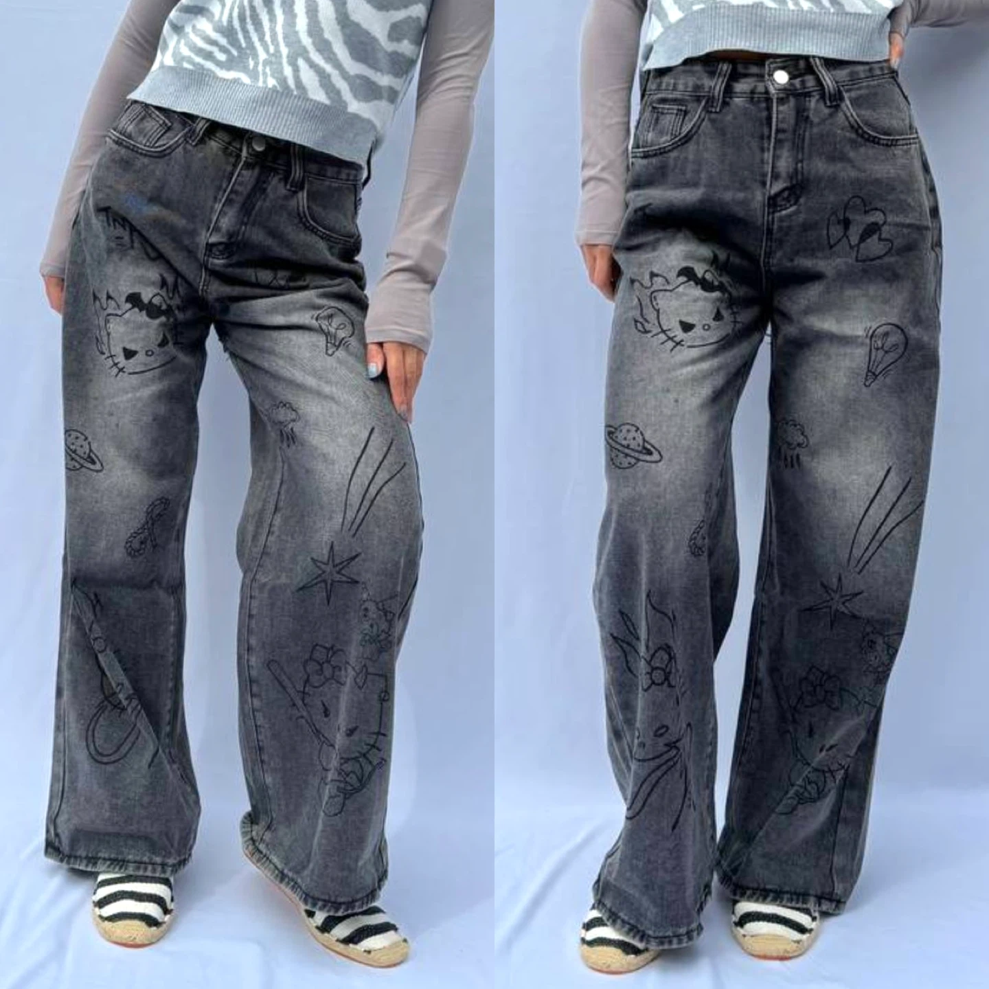 Wide Leg Jeans with Hello Kitty & Cartoon Graphics