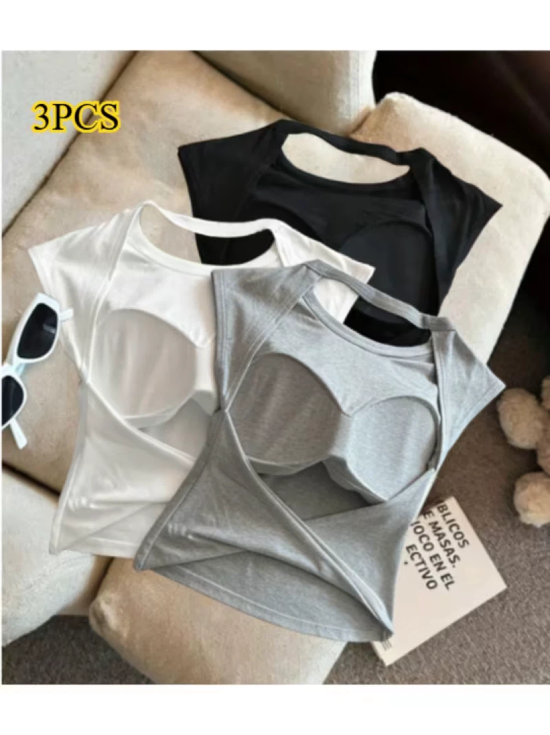 3pcs Women'S Retro Backless S Tank with Built-In Bra Pads