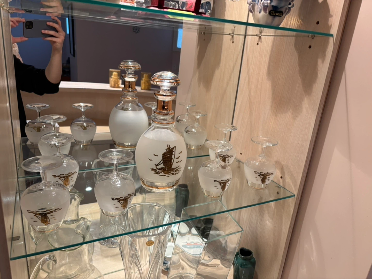 Frosted Glass Decanter and Goblets Set with Sailboat Design
