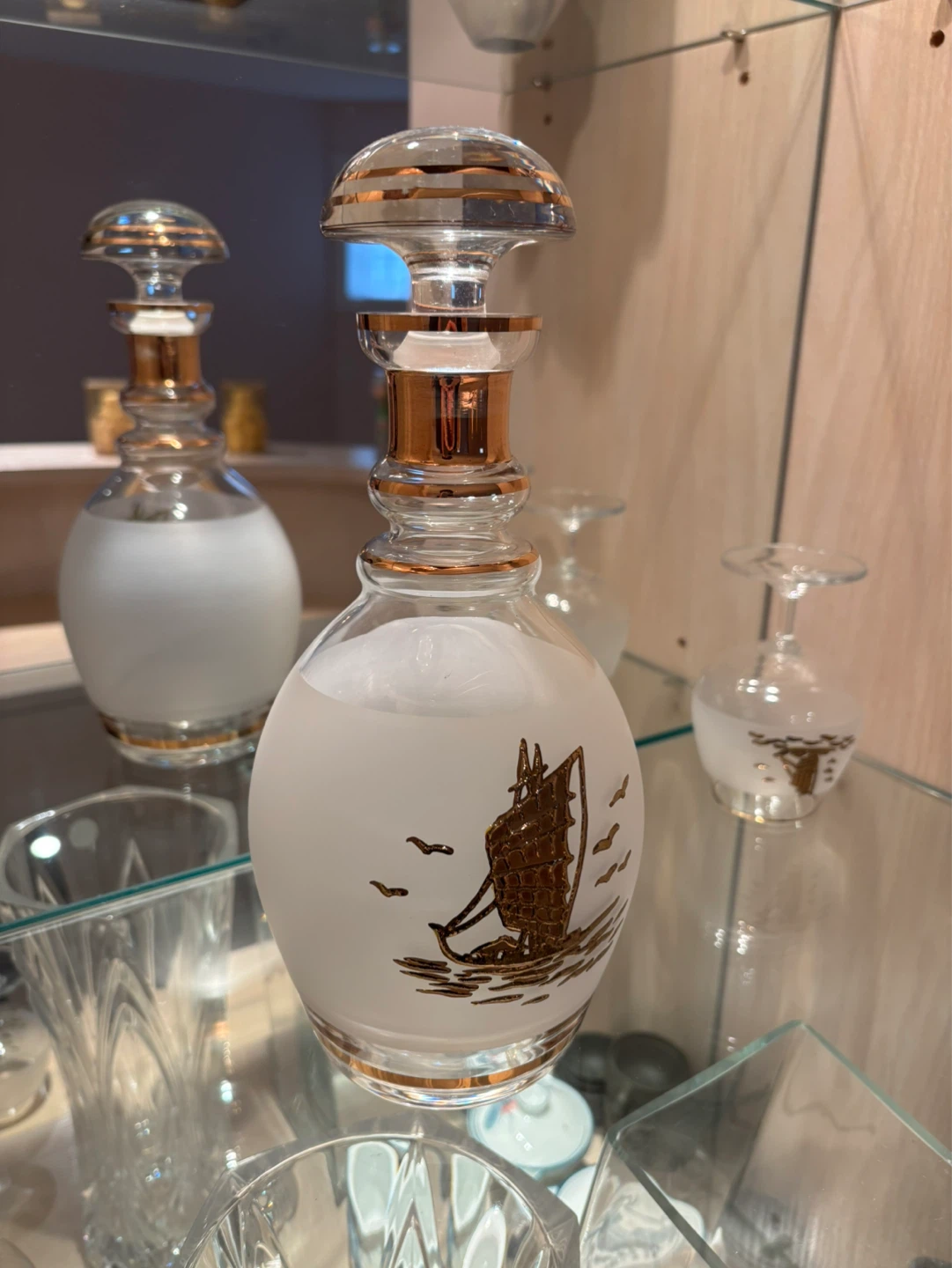 Frosted Glass Decanter and Goblets Set with Sailboat Design - photo 2