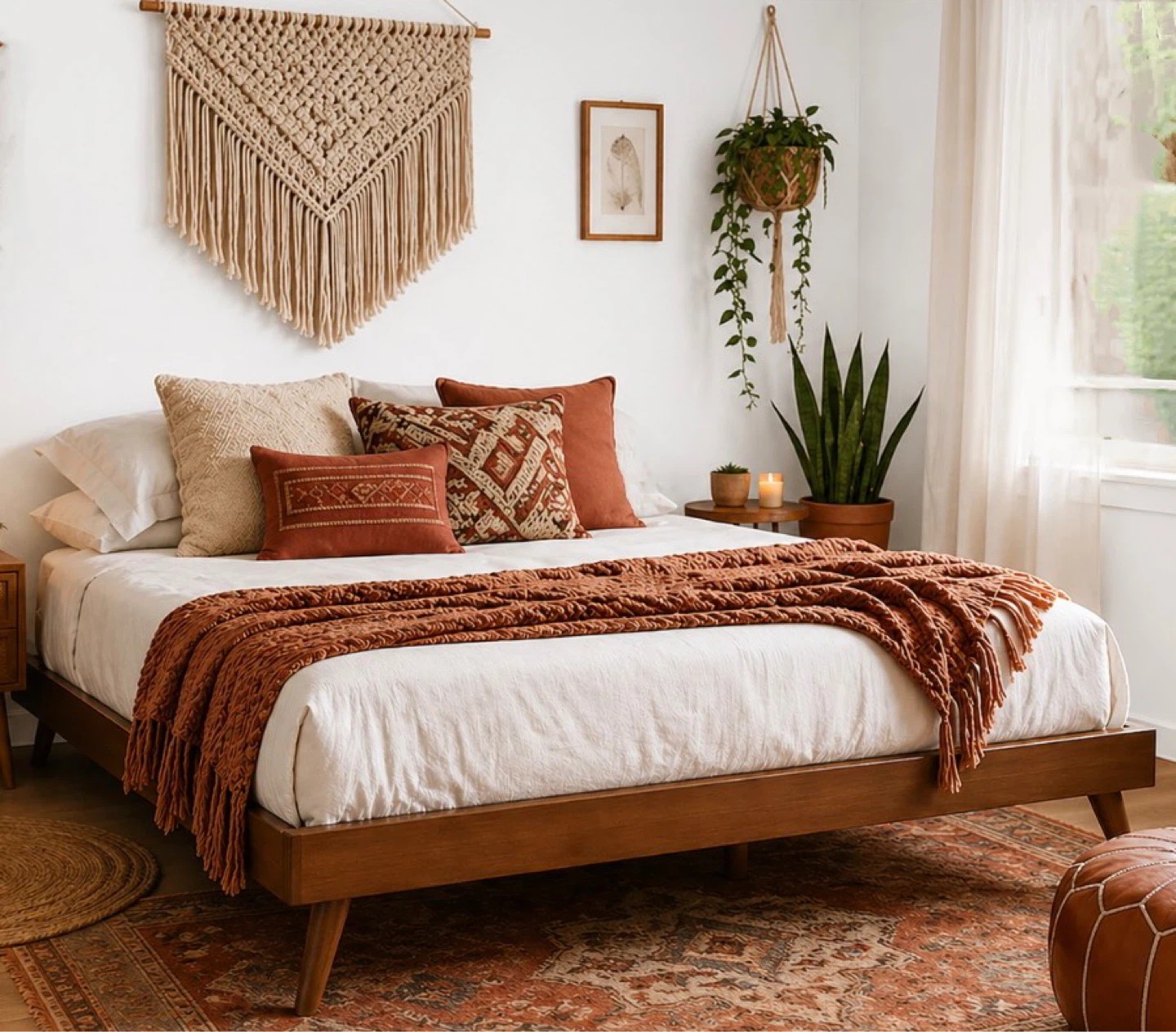 New Queen Size Boho Mid Century Modern Wood Platform Bed