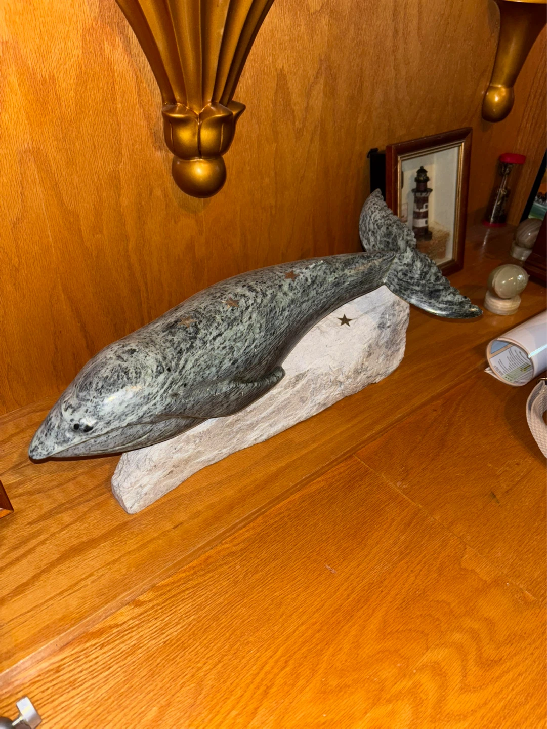 Whale Sculpture on Driftwood Base