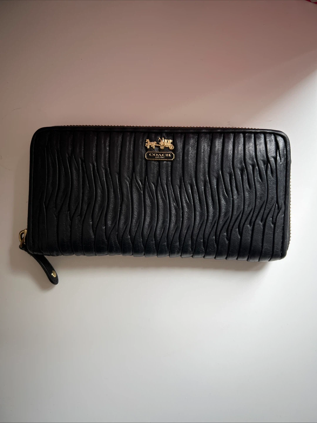 Coach Black Wrinkled Leather Zip Around Wallet