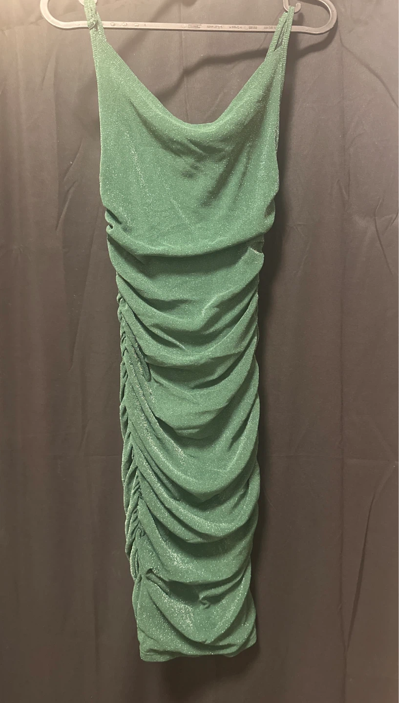 Sparkly Ruched Mini Dress - Green