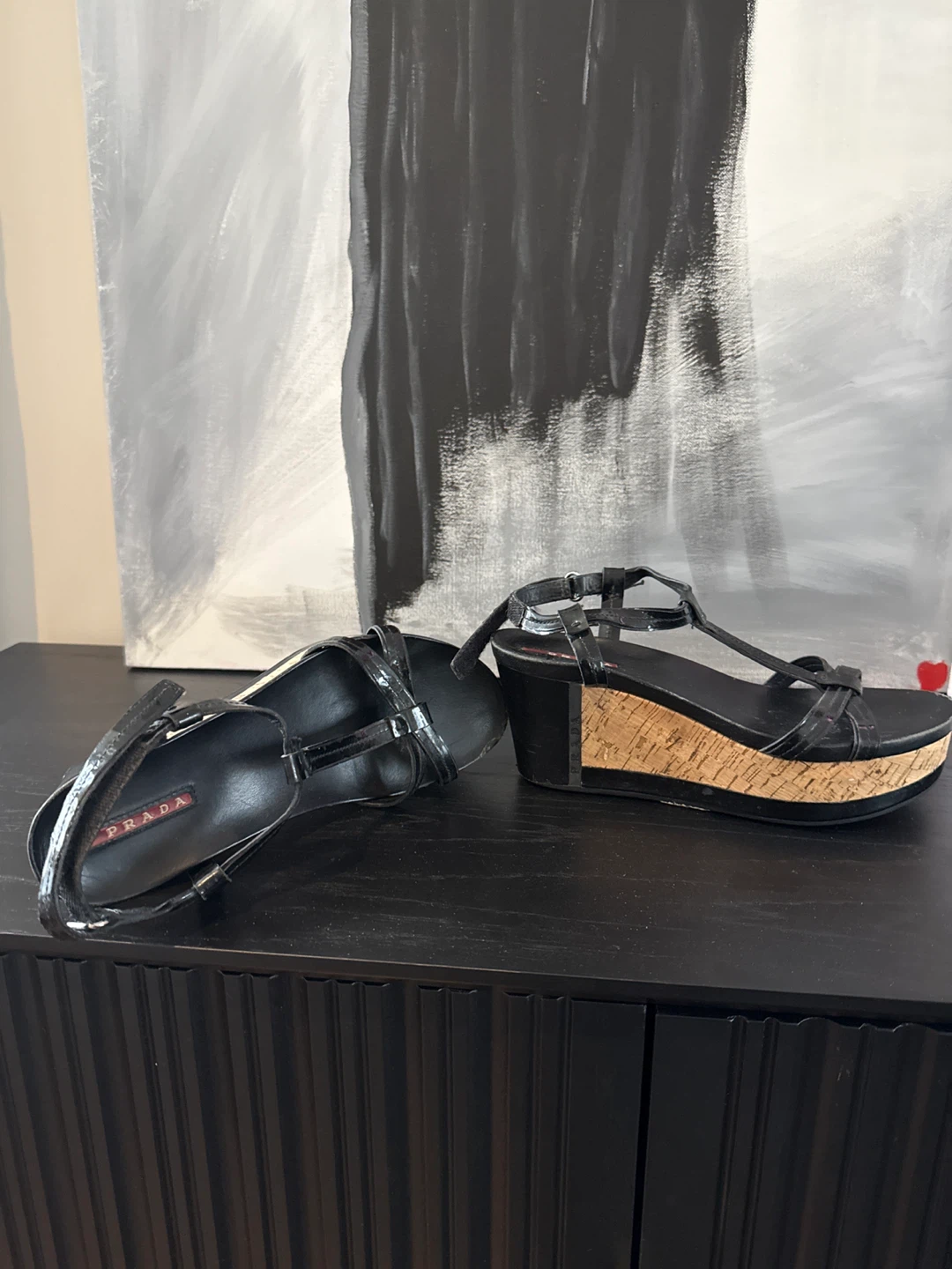 Prada Black Patent Wedge Sandals