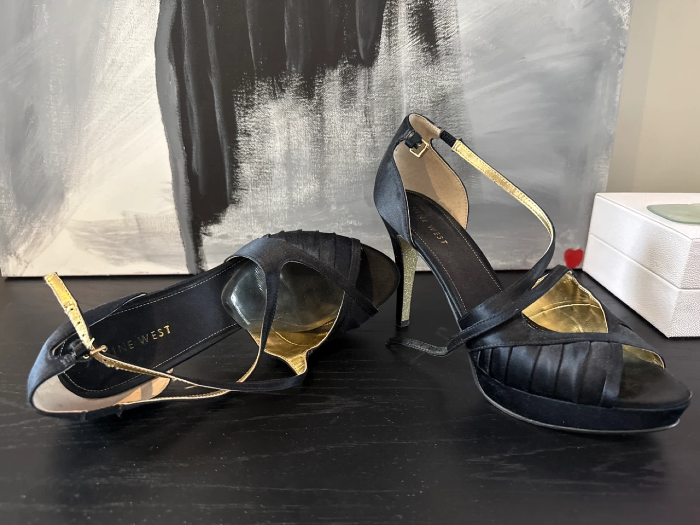 Nine West Black Satin Heeled Sandals