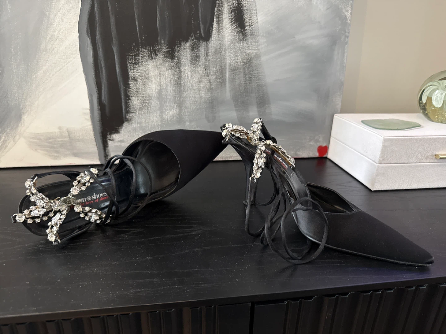 Black Stiletto Heels with Crystal Bow Accent