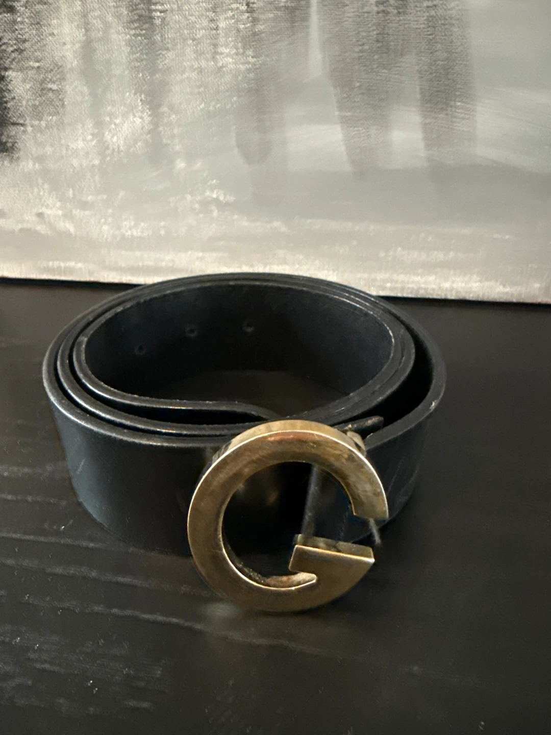 Black Leather Belt with Gold G Buckle