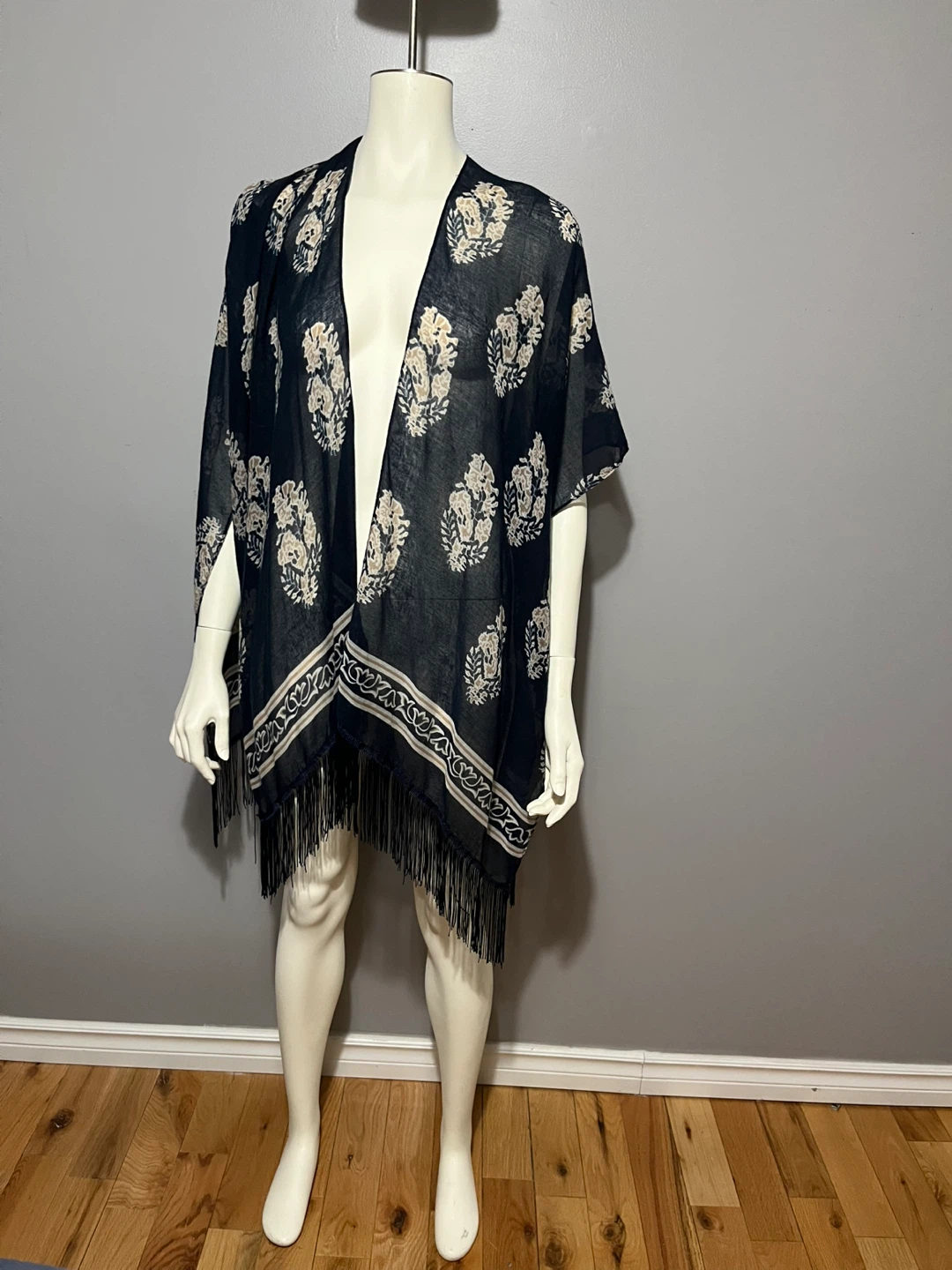 Dark Blue Floral Print shawl / wrap with Fringe