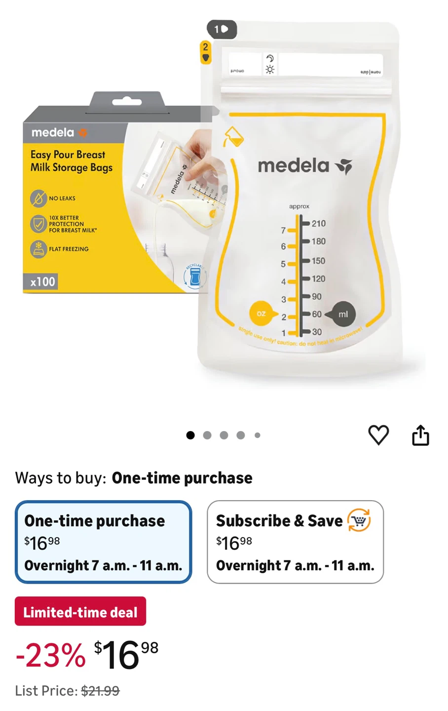 Medela Easy Pour Breast Milk Storage Bags, 210ml/7oz, 100 Count