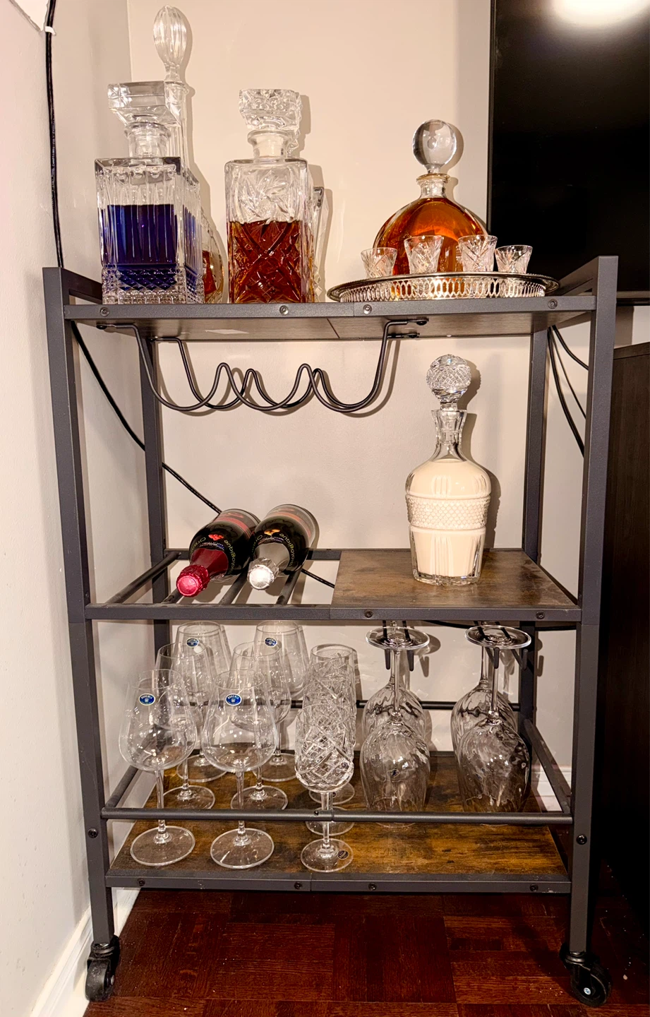 Industrial Style Bar Cart with Wine Glass Holder - photo 2