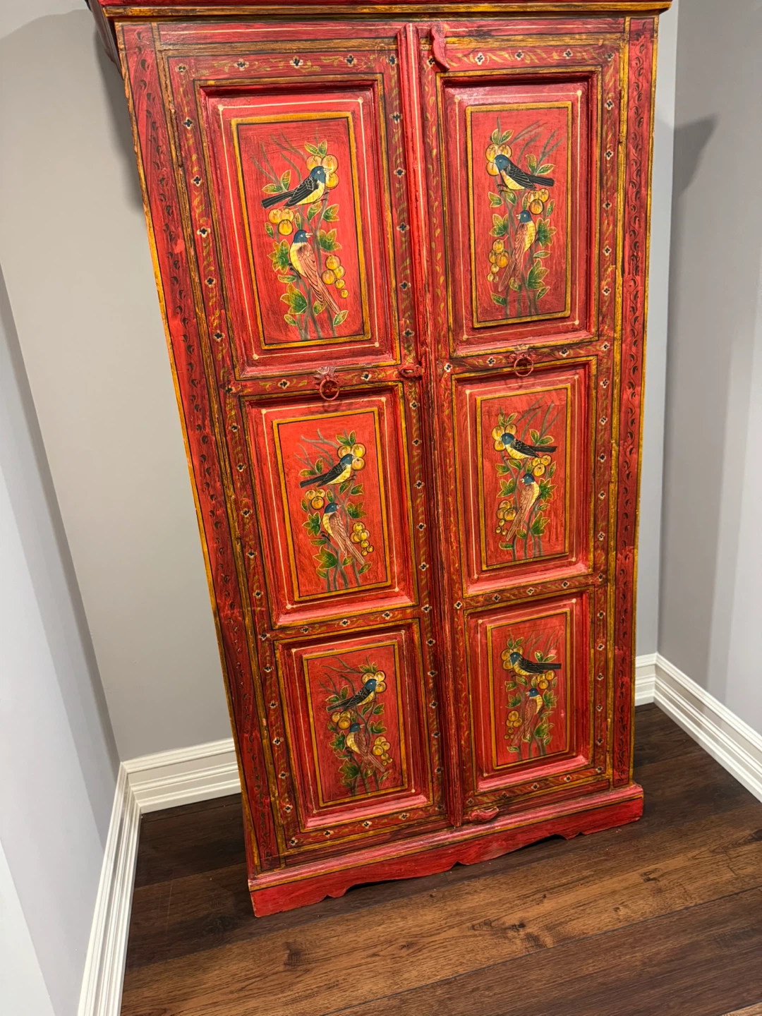 Hand-Painted Red Cabinet with Bird Design