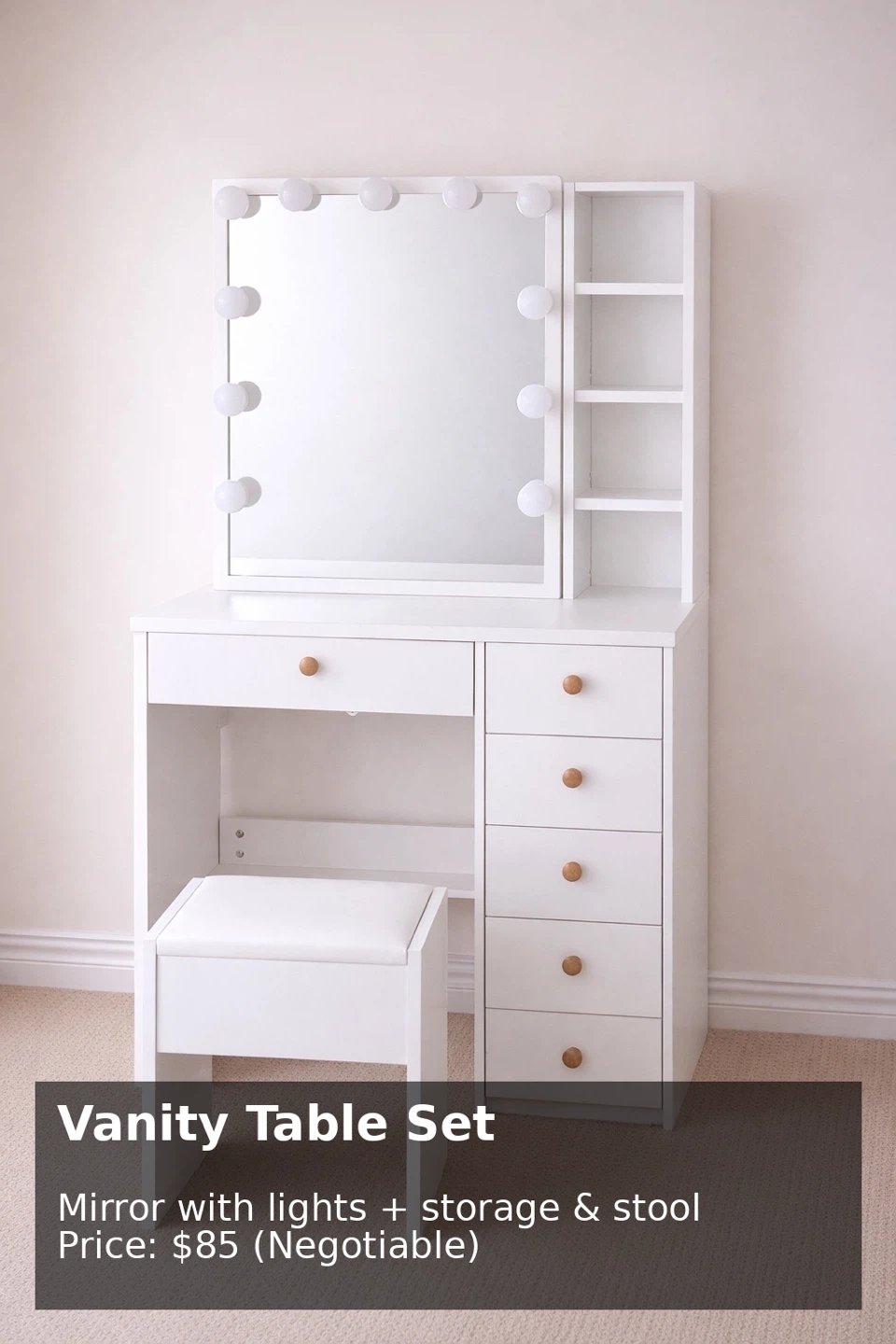White Vanity Table Set with Mirror, Lights, Storage & Stool