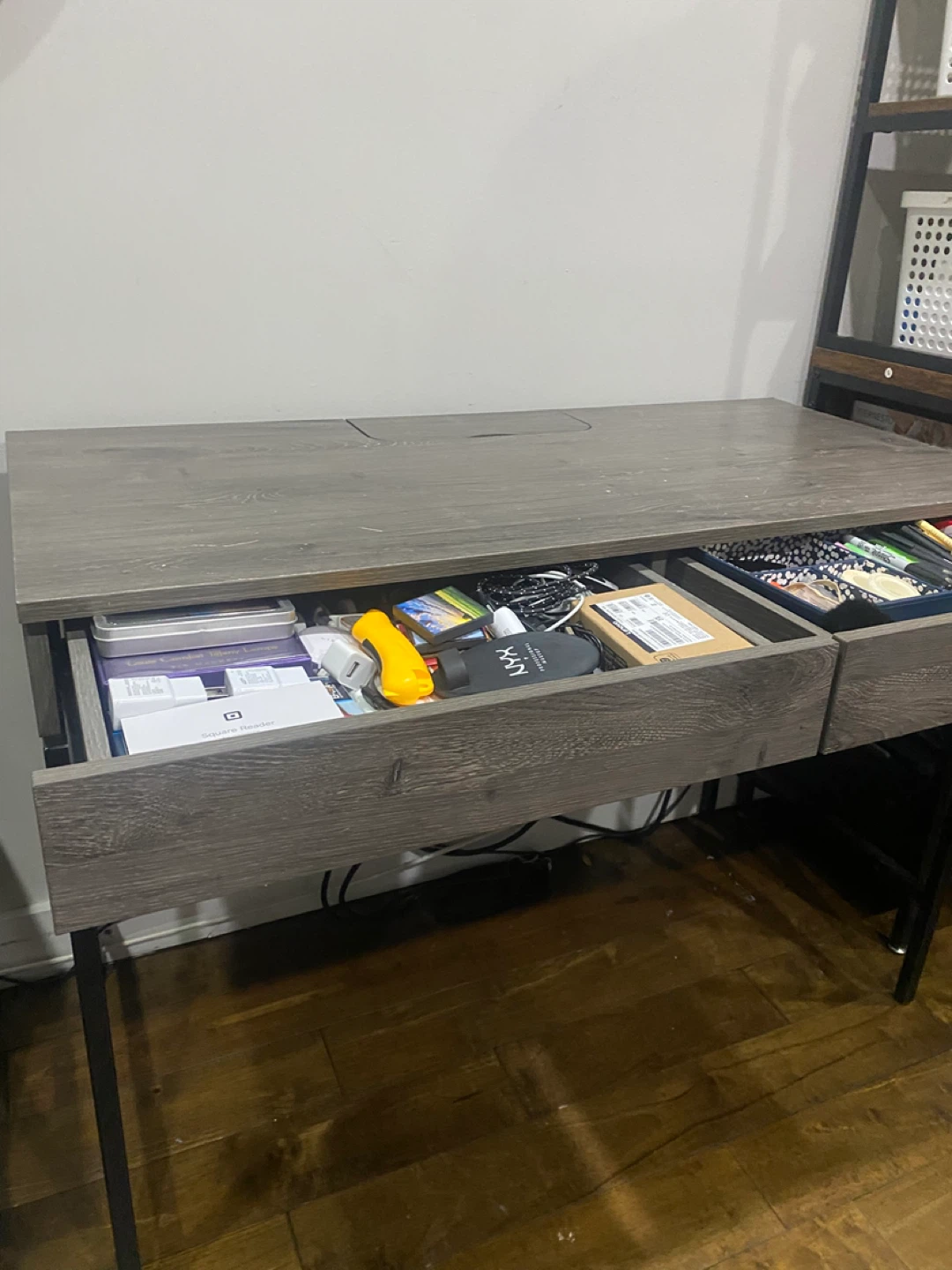 Grey Wood Grain Desk with Drawers and Chair - photo 2
