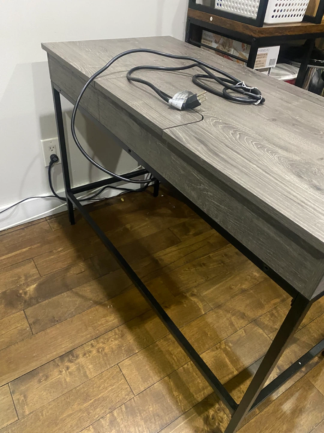Grey Wood Grain Desk with Drawers and Chair