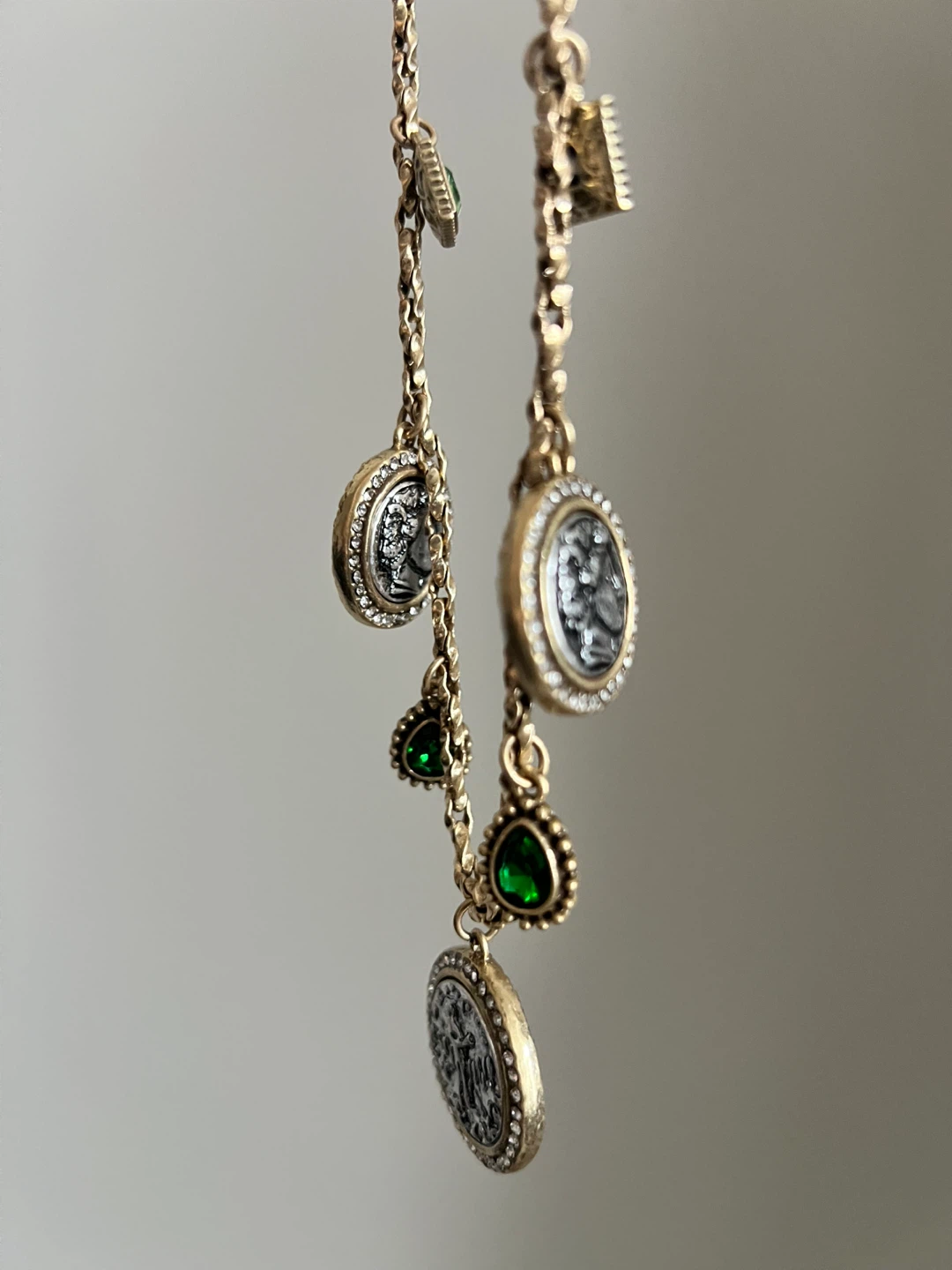 Gold Tone Coin Charm Necklace with Green Gems - photo 3