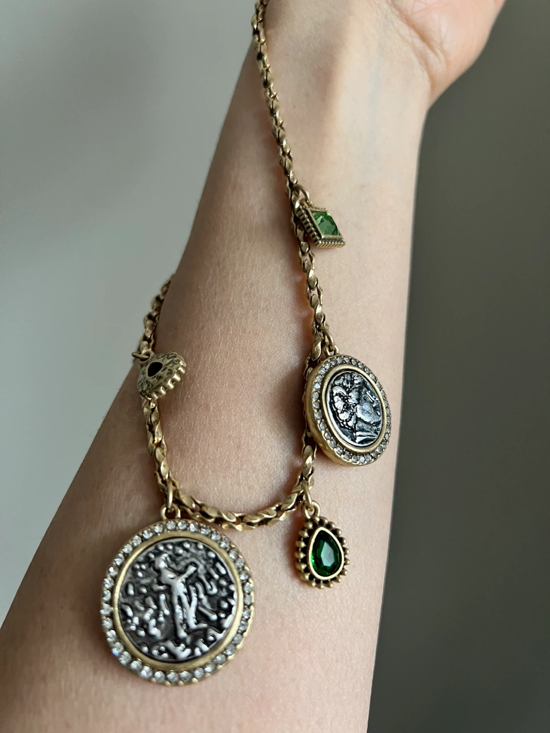 Gold Tone Coin Charm Necklace with Green Gems - photo 2