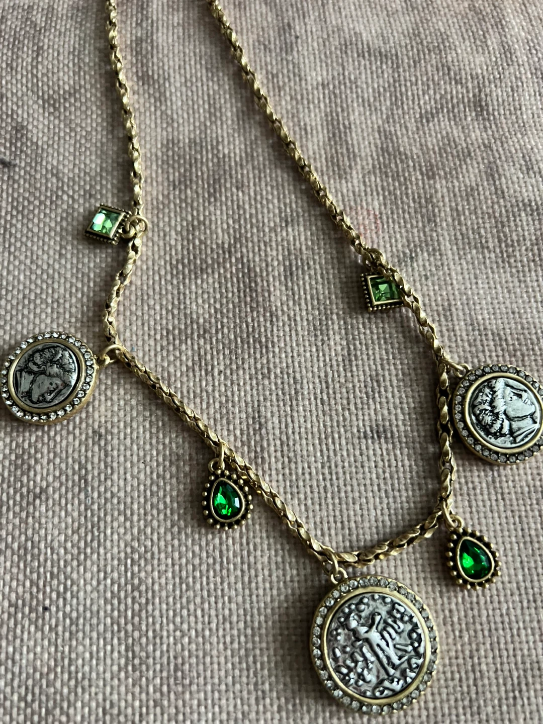 Gold Tone Coin Charm Necklace with Green Gems