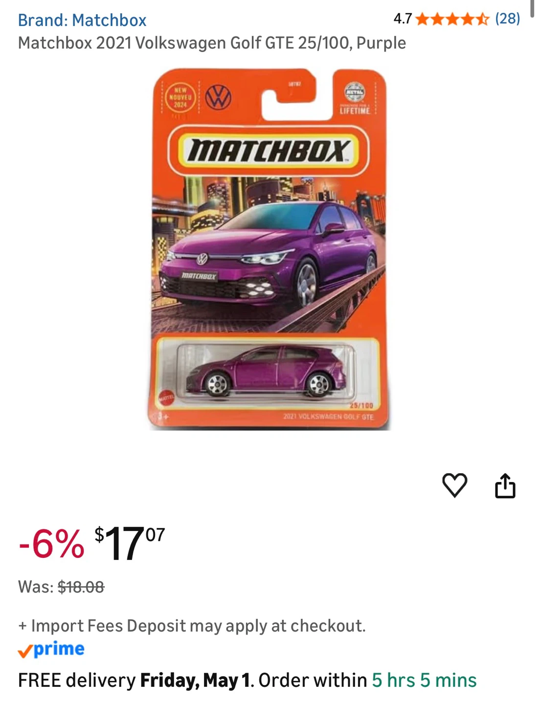 Matchbox 2021 Volkswagen Golf GTE 25/100, Purple