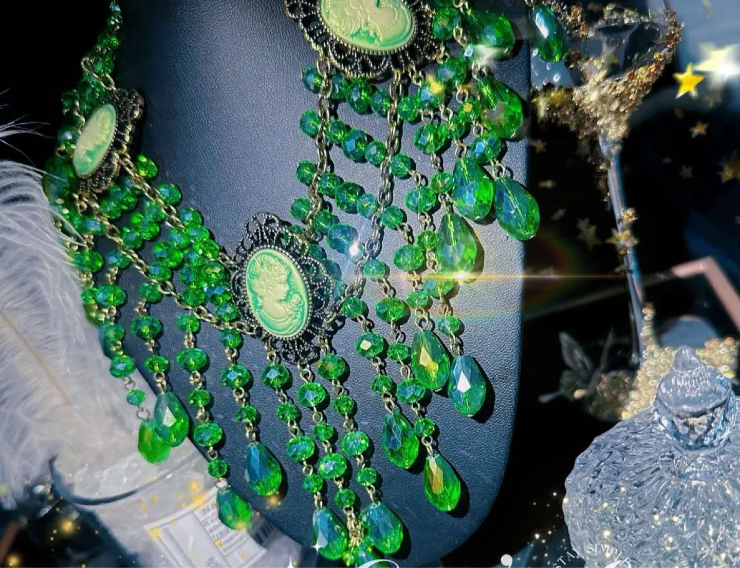 Cameo and Green Crystal Chandelier Necklace and Earrings Set